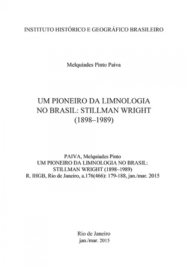 UM PIONEIRO DA LIMNOLOGIA NO BRASIL: STILLMAN WRIGHT (1898–1989)