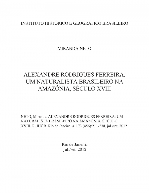 ALEXANDRE RODRIGUES FERREIRA: UM NATURALISTA BRASILEIRO NA AMAZÔNIA, SÉCULO XVIII