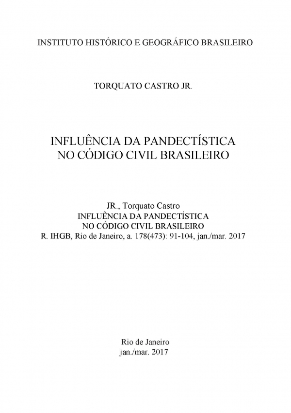INFLUÊNCIA DA PANDECTÍSTICA  NO CÓDIGO CIVIL BRASILEIRO
