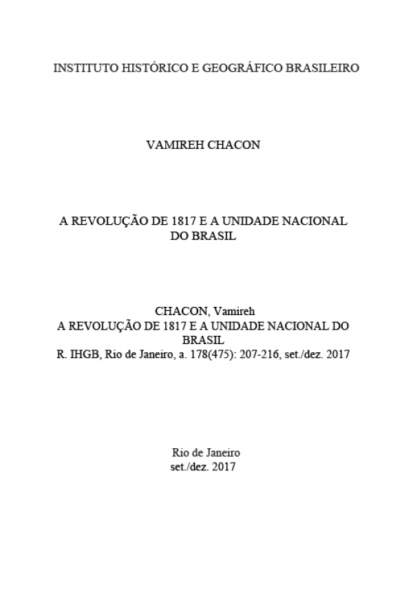 A REVOLUÇÃO DE 1817 E A UNIDADE NACIONAL DO BRASIL
