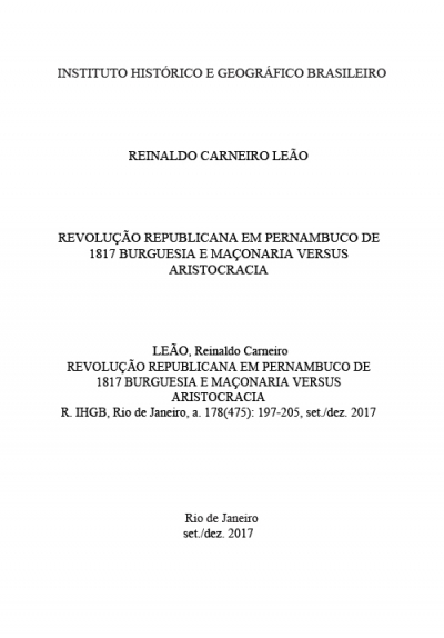 REVOLUÇÃO REPUBLICANA EM PERNAMBUCO DE 1817 BURGUESIA E MAÇONARIA VERSUS ARISTOCRACIA